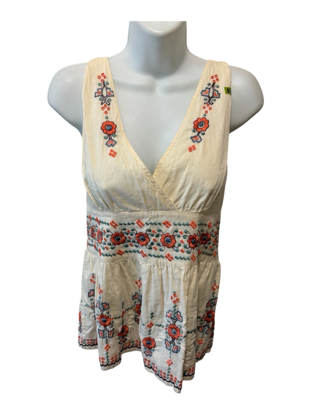 French Connection Babydoll Folklore  Embroidered Top Sz 10 Floral Cream Coral